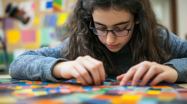 Young Girl Focused on Colorful Puzzle with Glasses, Indoor Activity, Close Up