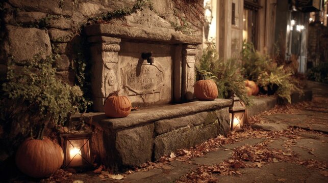 Stone Fountain Decorated with Pumpkins and Lanterns at Night