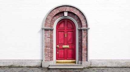Fototapeta premium A striking red door framed by elegant brickwork against a white wall, exuding charm and character.