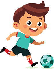 Happy cartoon boy wearing a teal jersey and red socks kicking a teal soccer ball on a transparent background isolated on transparent background