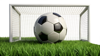 A soccer ball rests inside the goal on a vibrant green field, poised for action, isolated on transparent background