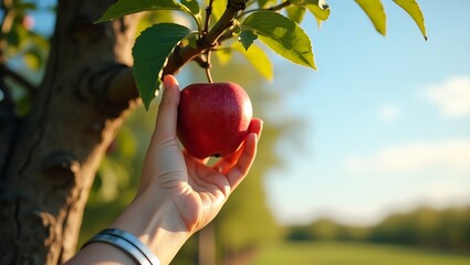 A hand reaches for a ripe, red apple hanging from a branch of an autumn apple tree in a healthy orchard