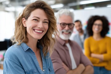Smiling leader with team in background – leadership and professional confidence concept for corporate branding and marketing