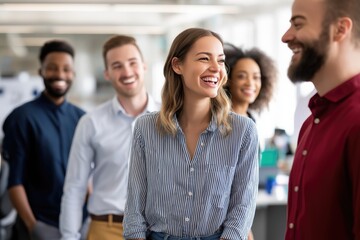 Diverse team laughing in modern office – teamwork and corporate culture concept for business and HR visuals