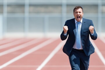 Businessman shouting on race track – motivation and business victory concept for success, pressure, and energy themes