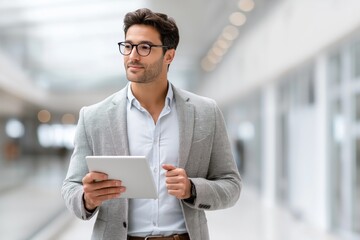 Confident businessman using digital tablet in bright office – modern workplace and technology usage concept