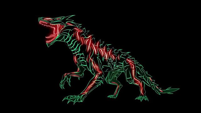 吠えるネオンの恐竜風ドラゴン｜English: Roaring Neon Dinosaur-like Dragon