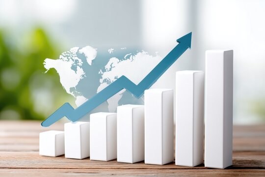 Rising bar chart with arrow and world map – global business growth and finance analytics concept