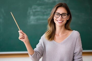 Smiling female teacher pointing at chalkboard – education and classroom training concept