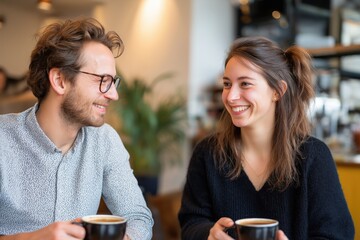 Happy couple talking over coffee at cafe – friendship and relationship lifestyle concept