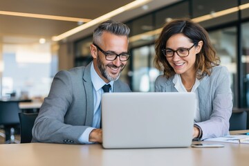Smiling coworkers collaborating on laptop in modern office – teamwork and productivity concept