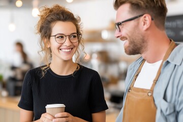 Happy couple talking over coffee at cafe – friendship and relationship lifestyle concept