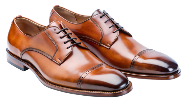 A pair of brown leather dress shoes isolated on transparent background showcases the timeless elegance and sophisticated style of mens formal footwear