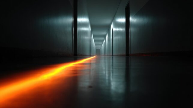 Long, narrow corridor with a bright orange light at the end. the corridor appears to be empty, with no people or other objects in sight.