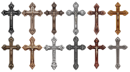 Set of metal crosses in various colors and styles, isolated on a transparent background. High-resolution cutout PNG vector file with detailed design, ideal for religious or decorative use