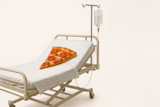 Pizza on a hospital bed with a drip. Space for text.