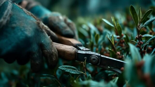Hands with pruning shears trimming a leafy shrub garden setting