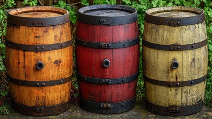 Obraz premium Colorful wooden barrels arranged outdoors showcasing craftsmanship and rustic appeal in a garden setting