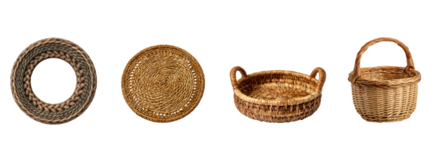 Four woven baskets and a woven ring isolated on transparent background