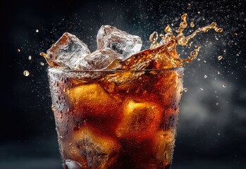 Close-up of a chilled cola drink splashing with ice cubes in a frosty glass against a dark background, ideal for beverage ads, summer promos, and refreshing drink campaigns