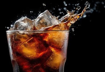 Splashing cola in a frosty glass with ice cubes on black background, ideal for summer drink ads, soda branding, beverage campaigns, and refreshing product visuals