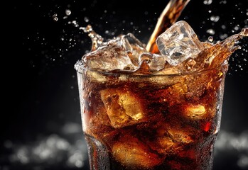 Refreshing cola poured over ice cubes in a frosty glass with dramatic splash, perfect for soda advertisements, drink branding, and summer beverage campaigns