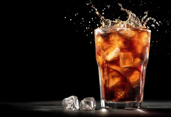 Glass of chilled cola with ice splashing against black background and cubes on surface, great for soda advertising, summer drink campaigns, and refreshing beverage branding