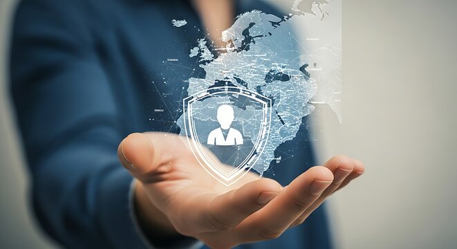 GDPR/LGPD data privacy compliance concept. Hand shielding a holographic map with a lock icon, symbolizing user personal data protection and security. - Powered by Adobe