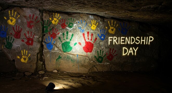 Colorful handprint cave art and glowing inscription for Friendship Day. Symbol of unity and diversity for community togetherness. - Powered by Adobe