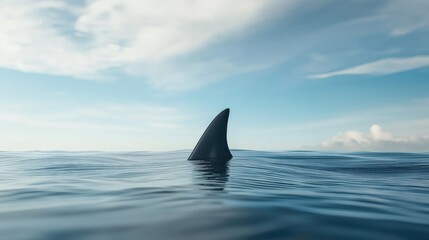 Fototapeta premium Shark fin cutting through the ocean surface beneath a blue sky filled with soft clouds, evoking tension and the mystery of the deep sea.