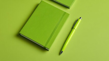 Two green notebooks and a pen on a bright green background. the notebooks are open and appear to be made of a soft, textured material.