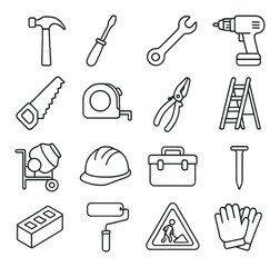Construction tools collection, simple worksite symbols. building and repair icon set