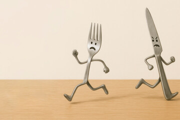 The fork runs away from the angry knife. Space for text.