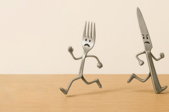 The fork runs away from the angry knife. Space for text.