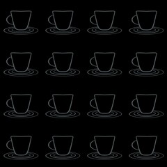 A repetitive pattern of outlined coffee cups on saucers is displayed against a dark background. The cups are evenly spaced in a grid formation, contributing to a minimalist and modern design.