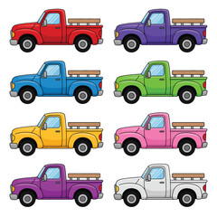 Fototapeta premium Collection of eight colorful cartoon pickup trucks arranged in a grid pattern