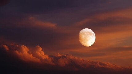 Photograph of a full moon during a total lunar eclipse. the sky is filled with orange and yellow hues, with the moon partially obscured by the clouds.
