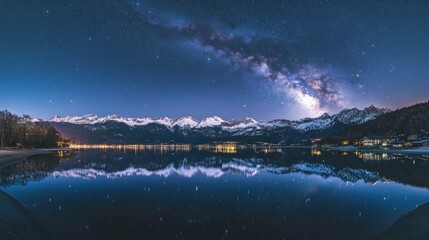Naklejka premium Panoramic Milky Way over a mountain lake