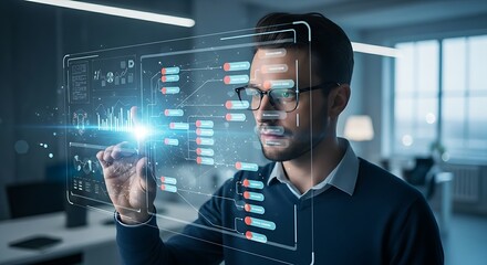 Digital audit concept. An auditor uses a holographic interface to analyze financial transaction logs, searching for anomalies and ensuring compliance.
