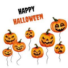 Square card template with expressive pumpkins and Happy Halloween text on white background. Watercolor illustration in fun and festive style, perfect for holiday greetings and decorations
