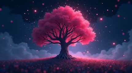 Surreal lone tree with glowing pink particles, bioluminescent effects, and stylized vector doodle design