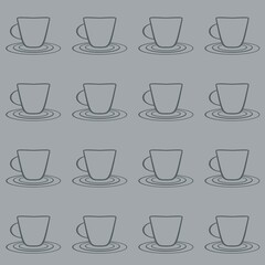 A repeating pattern of teacups and saucers is arranged neatly on a plain background, each outlined with a simple line design. The monochrome color scheme emphasizes the minimalist aesthetic.