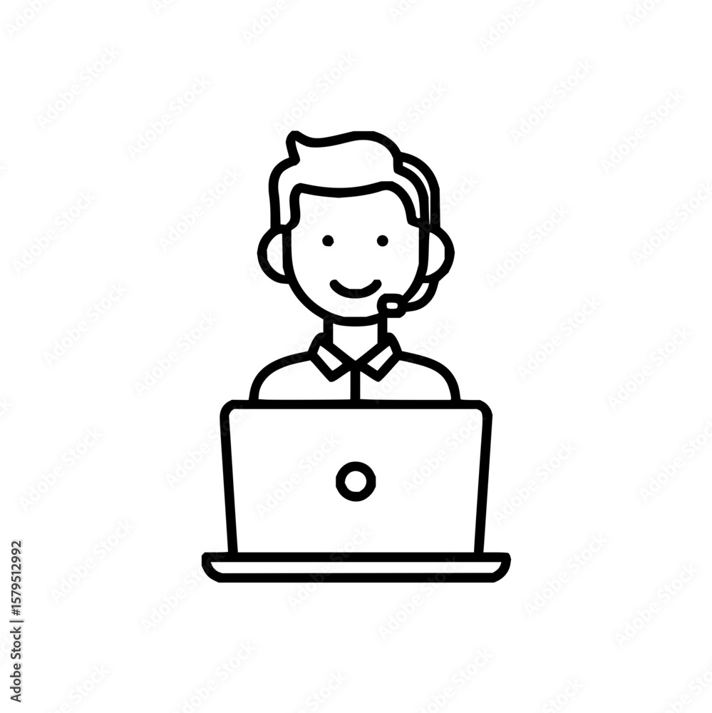 Fototapete A line drawing of a customer service representative with a headset in front of a laptop computer device