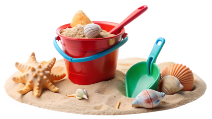 A red bucket filled with sand, seashells, and a starfish, surrounded by beach toys isolated on transparent background