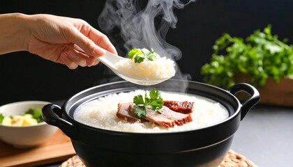 Scooping Duck Congee (Cháo Vịt) into Bowls at Night Stand. Traditional Vietnamese Street Food