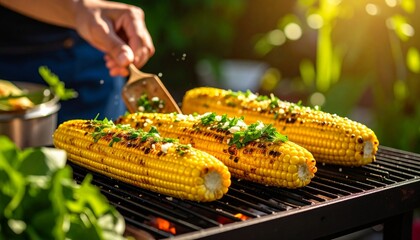 Skewering Grilled Corn with Scallion Oil Bắp Nướng. Traditional Vietnamese Street Food