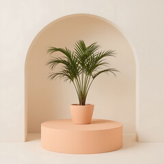 The text describes a potted palm plant on a peach-colored pedestal in a minimalist arch setting.
