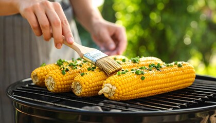 Skewering Grilled Corn with Scallion Oil Bắp Nướng. Traditional Vietnamese Street Food