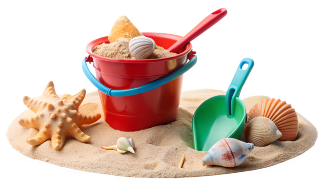 A red bucket filled with sand, seashells, and a starfish, surrounded by beach toys isolated on transparent background
