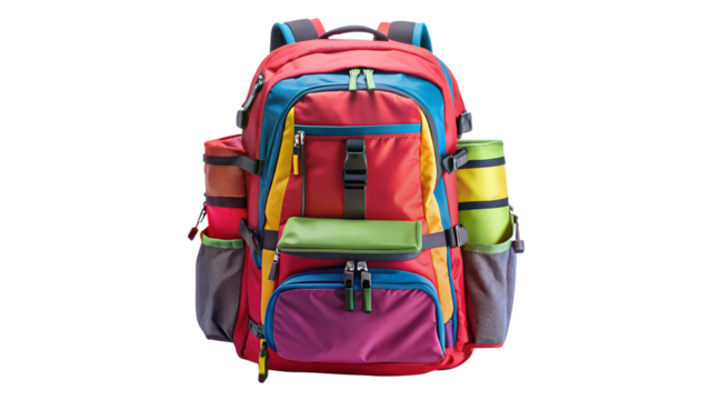 A vibrant and colorful backpack with multiple pockets and compartments isolated on transparent background, ideal for school or travel